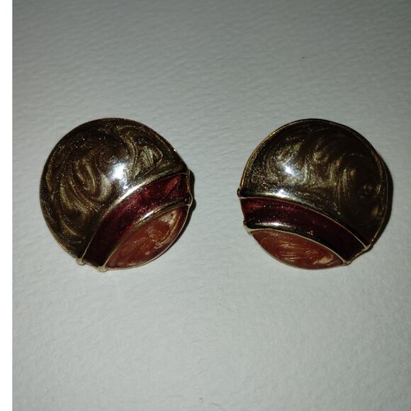 Vintage Gold Color & Red Circular Stud Back Costume Jewelry Earrings - Picture 1 of 4